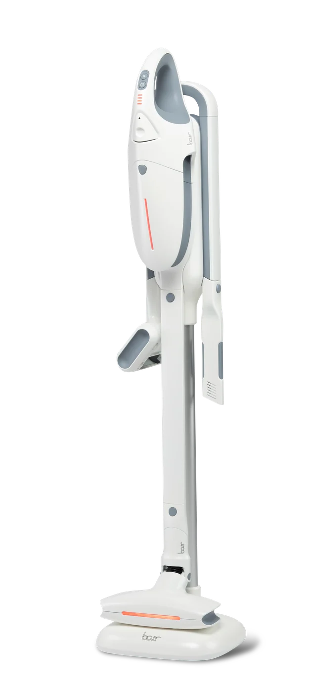 Rear view showing accessory storage on the upright vacuum