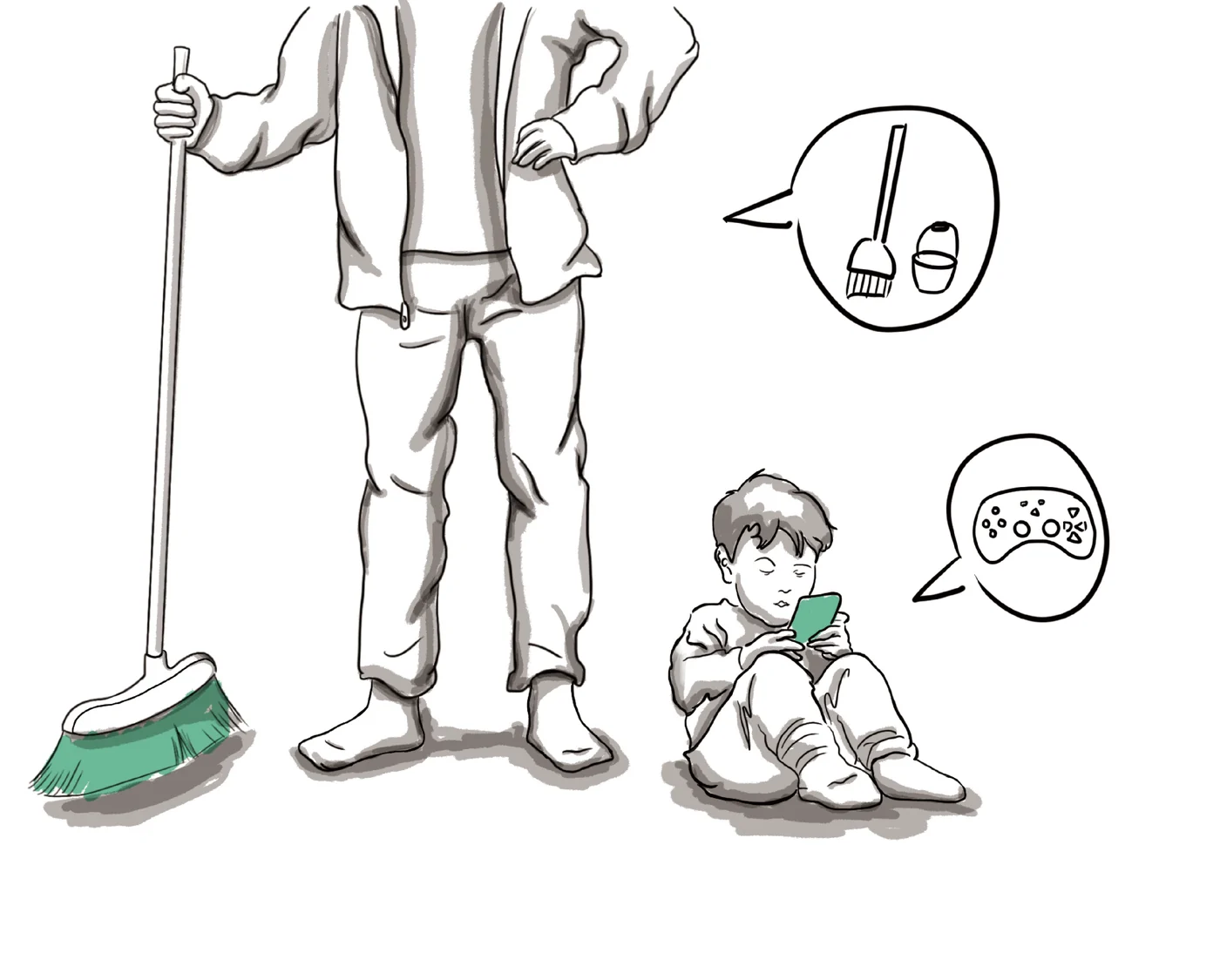 Research illustration of a parent cleaning while a child plays a game